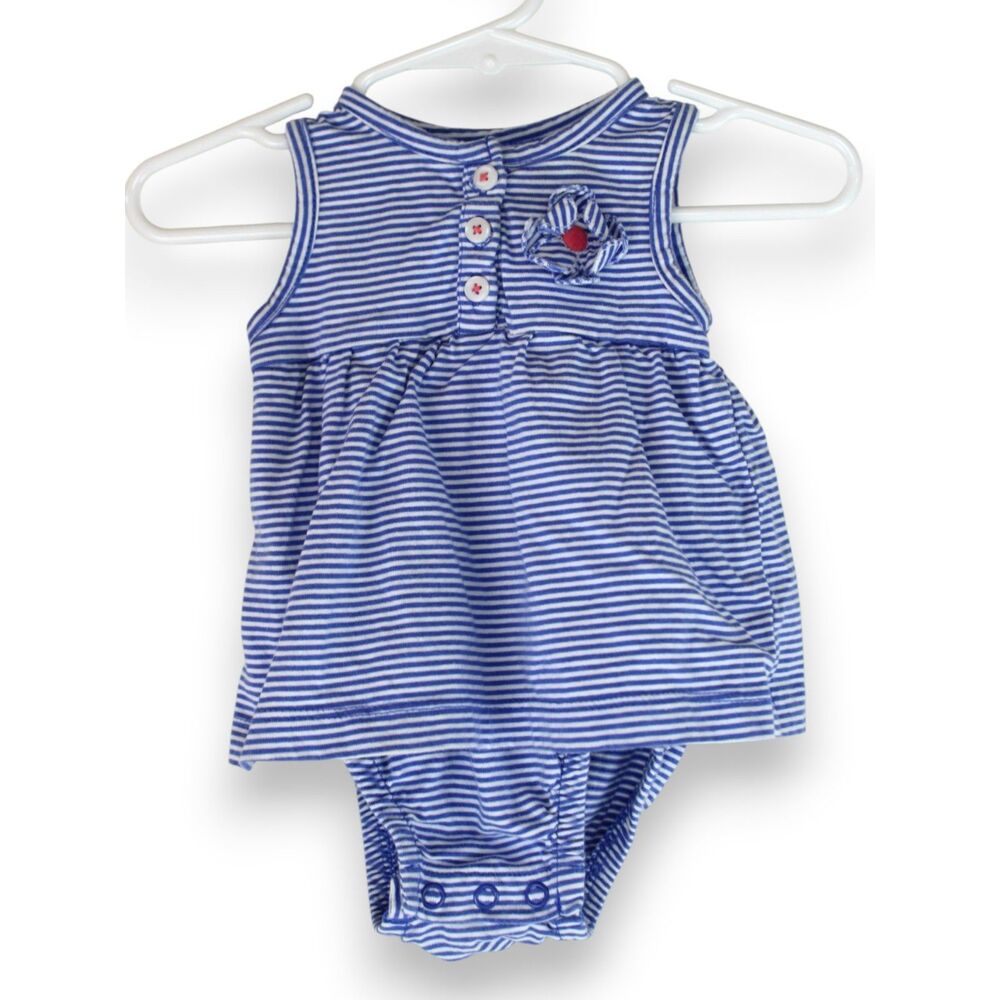 Carter's Baby Girl Bubble Romper 3M Blue Stripe Floral Ruffle Sleeves Cotton